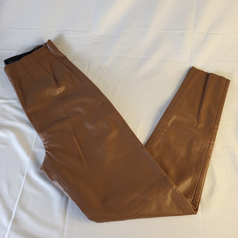 Zara Womens XS Brown Faux Leather Polyester Pants Elastic Waist Side Zip